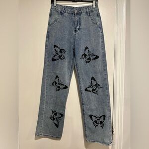 EUC  Teen Sz: S Black Butterfly print  Medium Wash Wide Leg Jeans.
